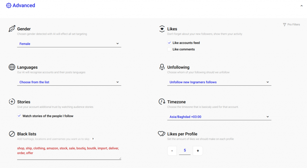 The list of advanced targeting settings of Ingramer