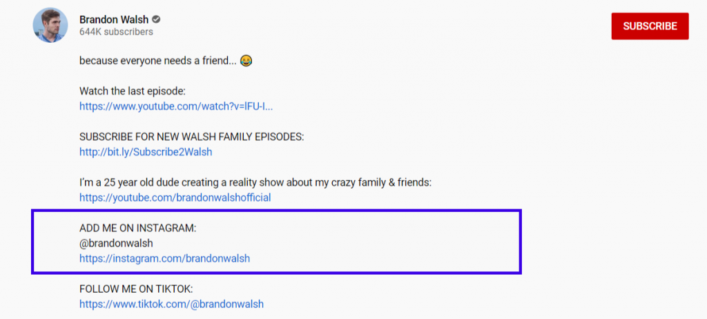 YouTuber Brandon Walsh invites to follow him on Instagram in description under the video.