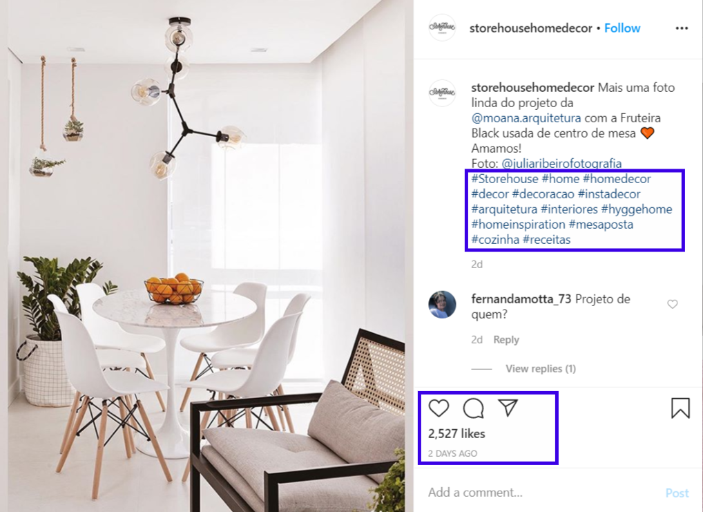 An Instagram post of StoreHouse Home Decor with the relevant hashtags
