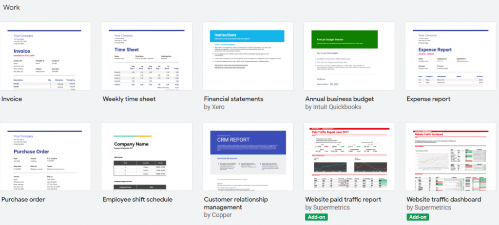 Google Sheets templates for work, invoice and tracking purchase order.