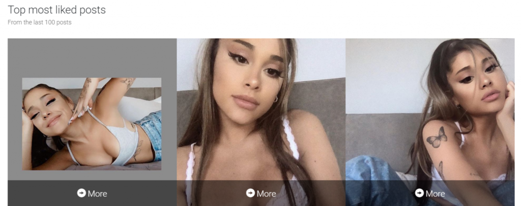 top most liked posts on Instagram of Ariana Grande according to Ingramer profile analyzer