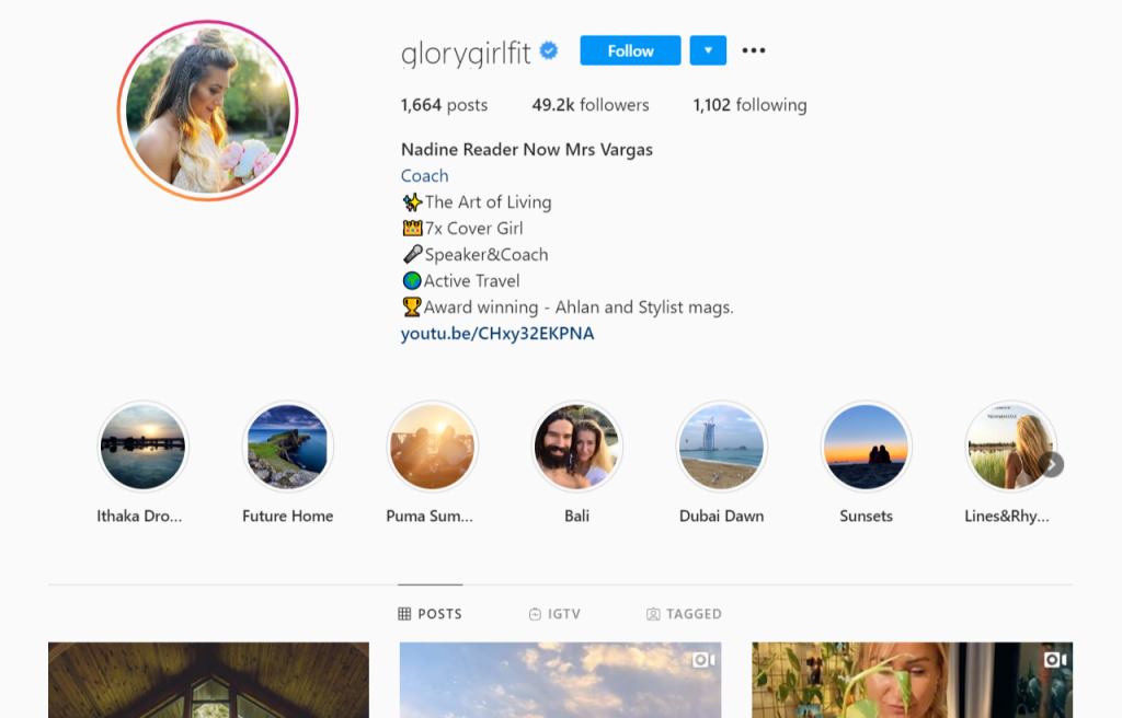 Instagram profile of a speaker and coach of Nadine Reader