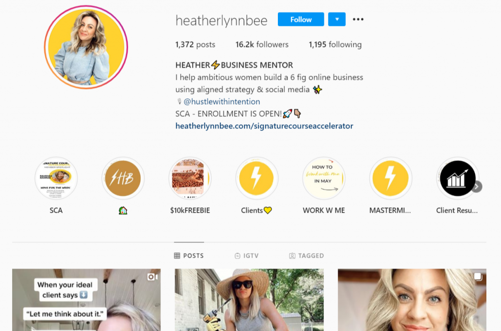 Instagram profile of a business mentor