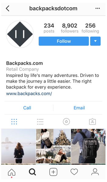 Instagram profile of backpacks