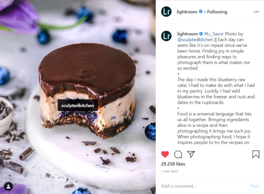 Instagram post of Lightroom that shows the functionality of its photo editor.
