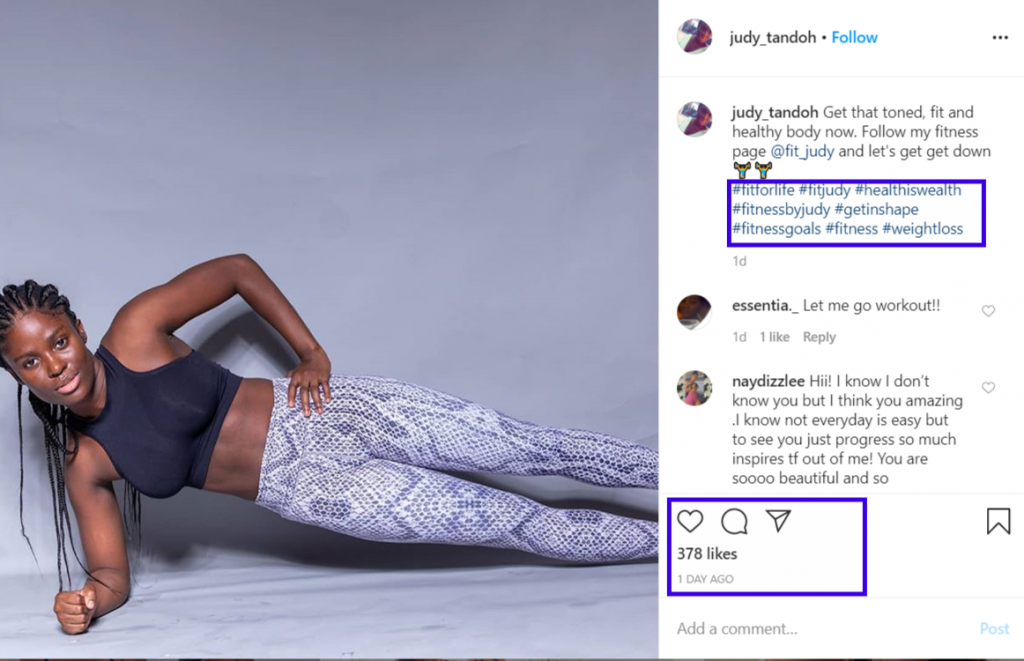 An Instagram post of fitness trainer Judy Tandoh with the relevant hashtags