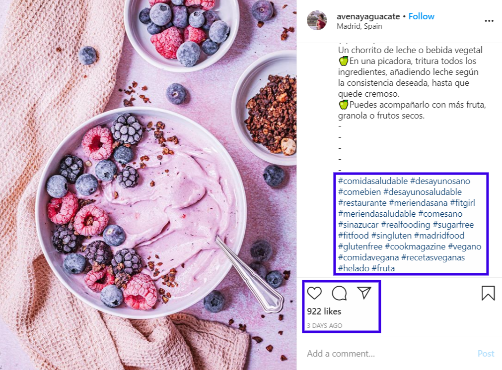 An Instagram meal post in Spanish with a couple of English hashtags