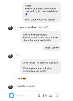 Instagram chat, the dialogue between customer and buyer