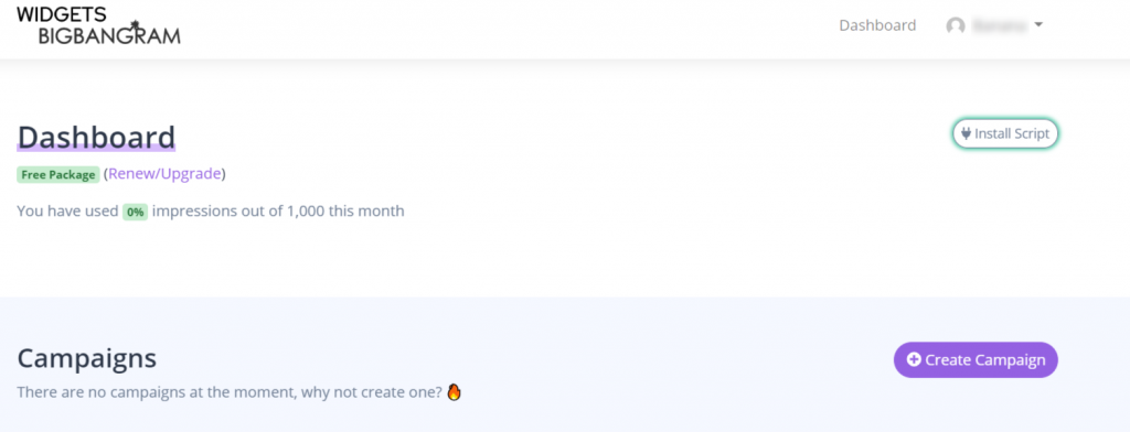 Bigbangram Widgets user dashboard