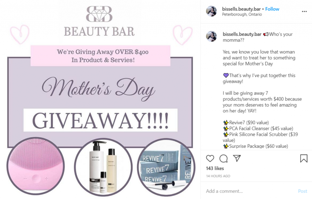 instagram giveaway post for Mother's Day by Beauty Bar