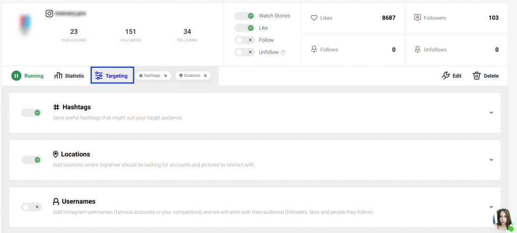 The dashboard of Ingramer, tool for organic growth on Instagram, with targeting by hashtags, locations and usernames.