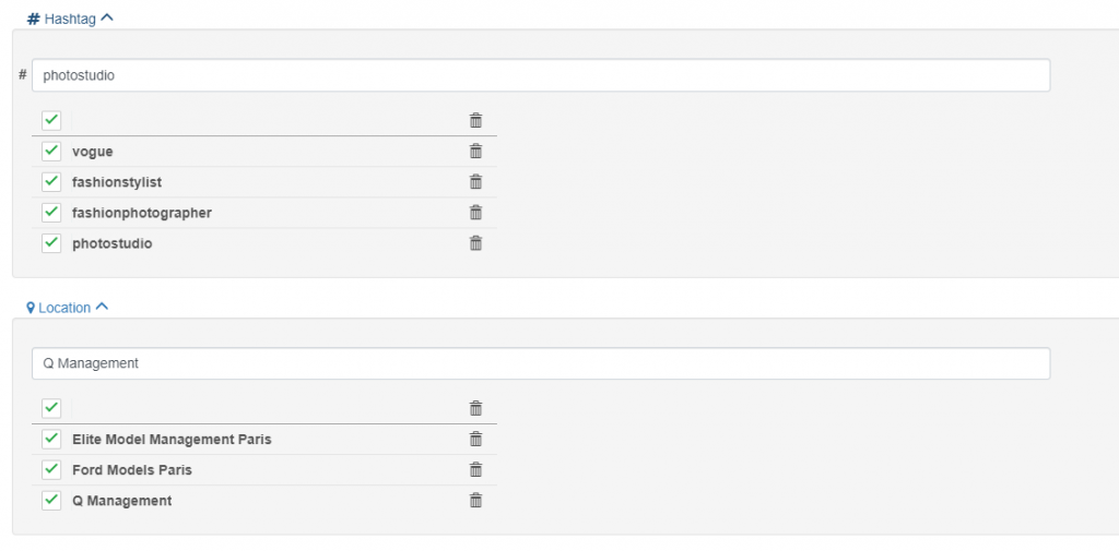 Hot clients tool settings of hashtags and locations