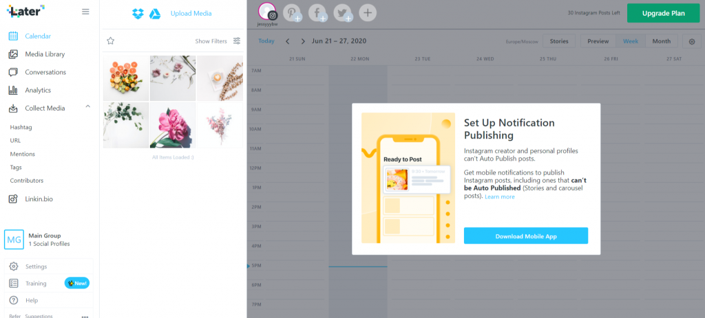 dashboard of Later Instagram post scheduler