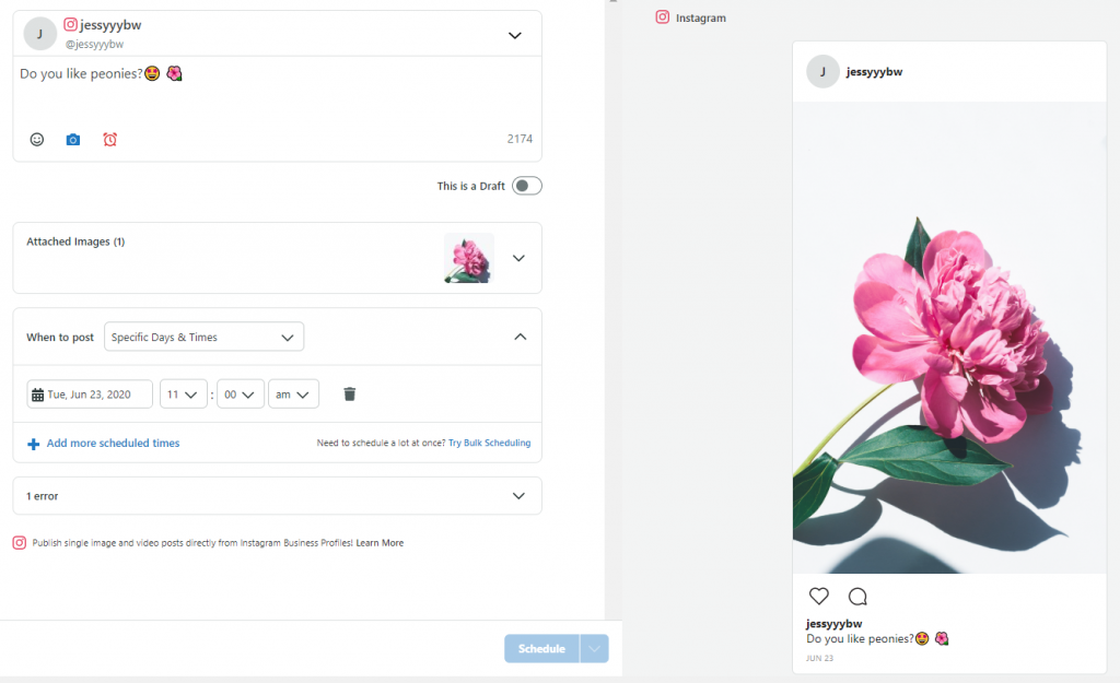 Sprout Social scheduler of Instagram posts